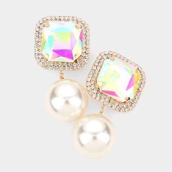 Square Aurora Borealis Stone Pearl Gold Clip on Earrings Big & BOLD - Picture 1 of 6